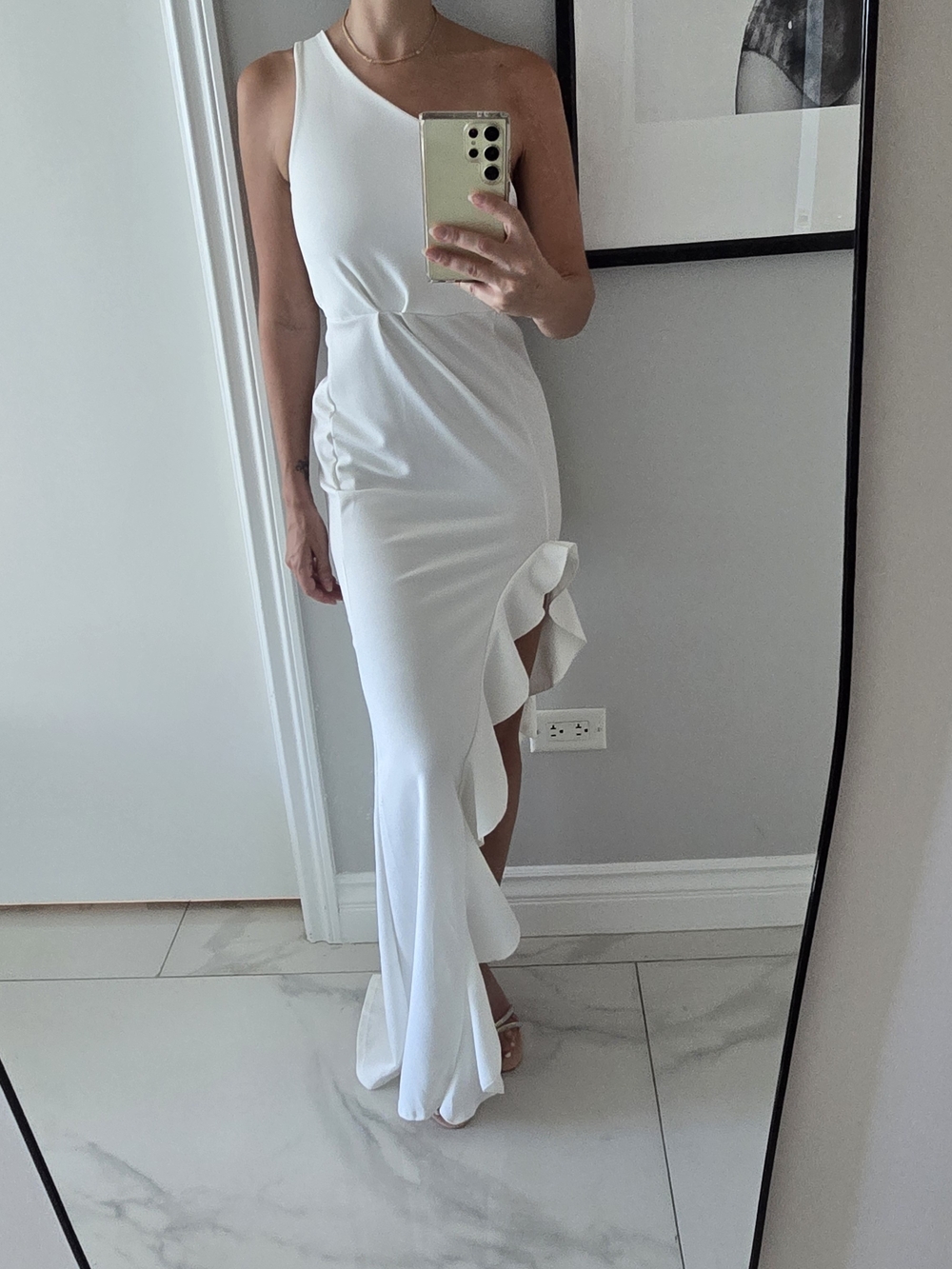 PrettyLittleThing White One-Shoulder Ruffle Maxi Dress